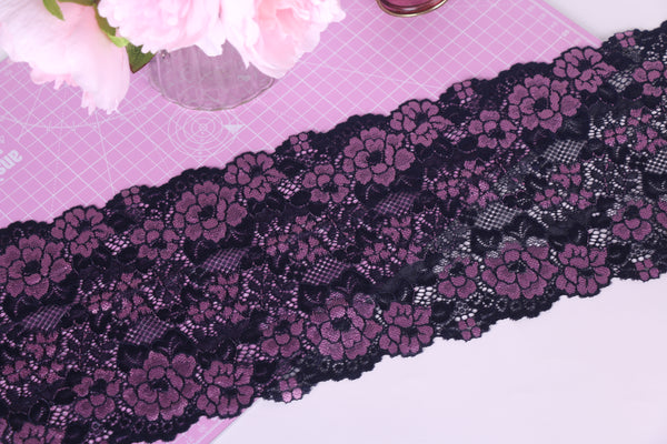 navy and mauve floral stretch lace