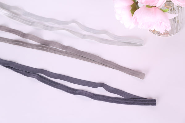 Grey Fold Over Elastic. Bies elástico tonos grises 15 mm