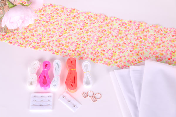neon colors lace for bra making kit. kit de costura de lencería hanna bralette, studio costura shop