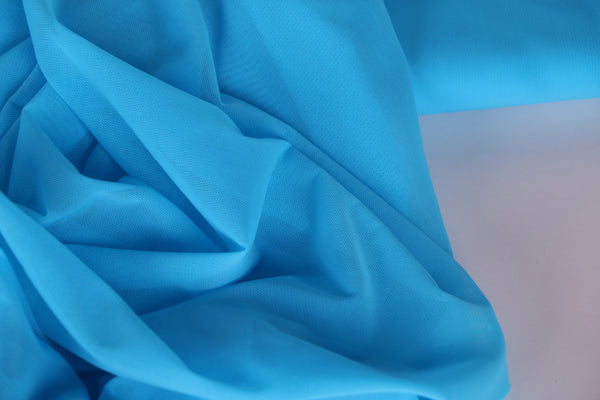 blue turquoise stretch mesh. Lingerie fabric, bra making fabric, underwear fabric, activewear fabric.