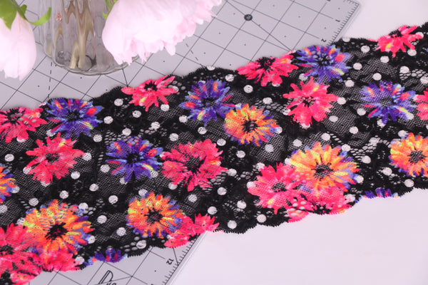 pink orange purple daisies and polka dots stretch lace for lingerie bra panties making