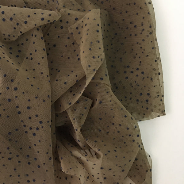 Dark Beige Stretch Mesh with navy polka dots. Lingerie fabric.