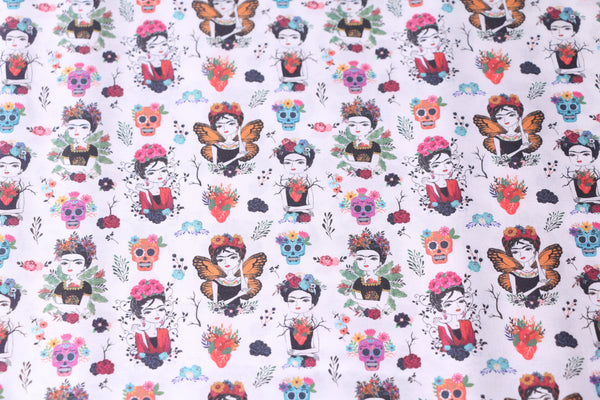 Frida Kahlo cotton fabric with mexican hearts