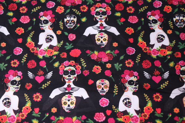 tela frida la catrina algodón fondo negro