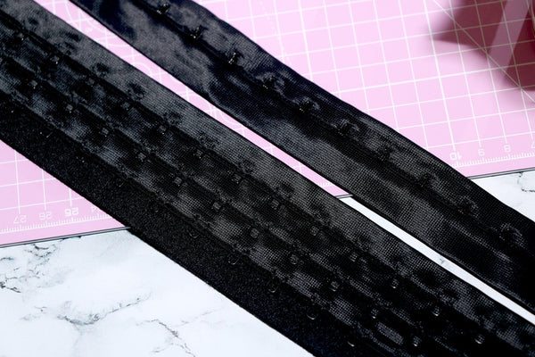 black hook and eye tape. black continuous hook and eye