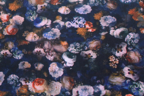 blue pansies scuba fabric