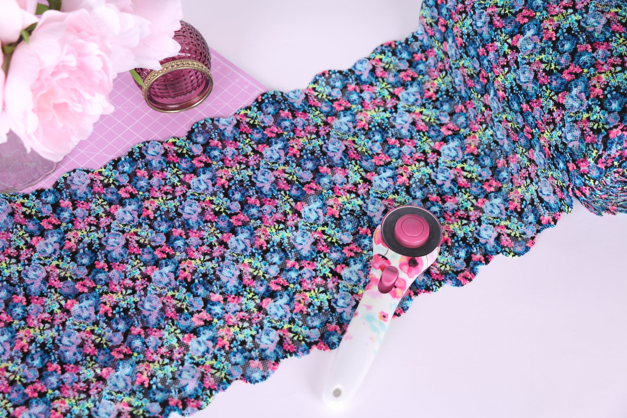 Pink and Blue Floral stretch lace