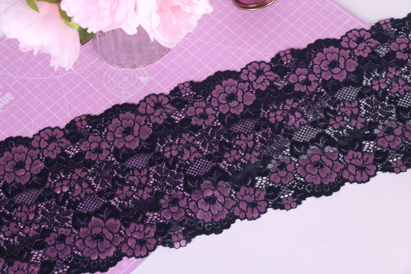 navy and mauve floral stretch lace