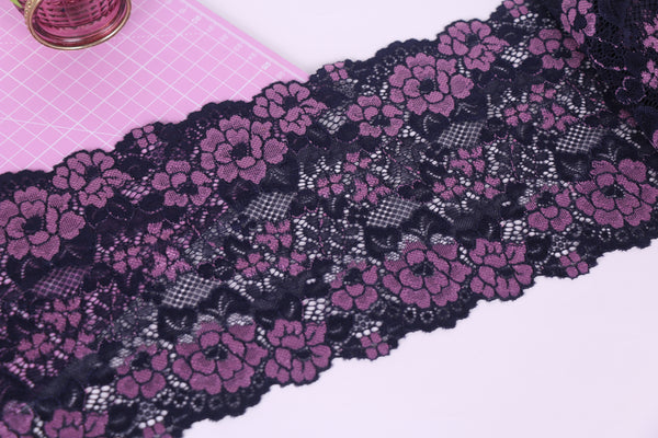 Stretch Lace - Navy Mauve Roses