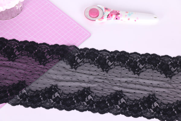 Black floral and arch stretch lace for lingerie making, bra making, panties sewing