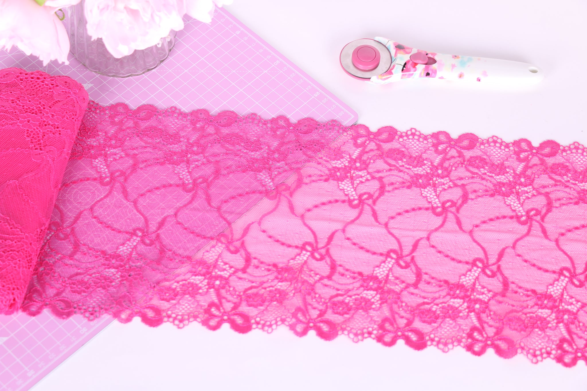 encaje elástico rosa con lazos y flores mini para coser lencería, coser sujetadores y coser braguitas