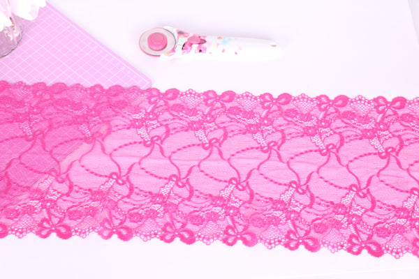 pink stretch lace with mini flowers and bows for lingerie making, bra making, panties sewing