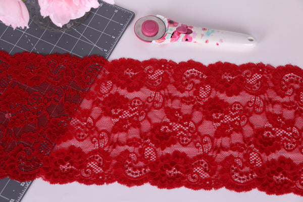 Crimson Red Floral Stretch Lace.