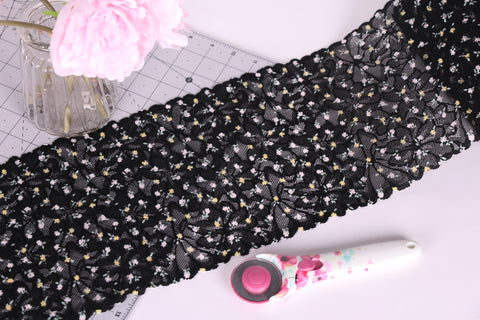 encaje elástico negro con mini flores amarillas para coser lencería, sujetadores, braguitas