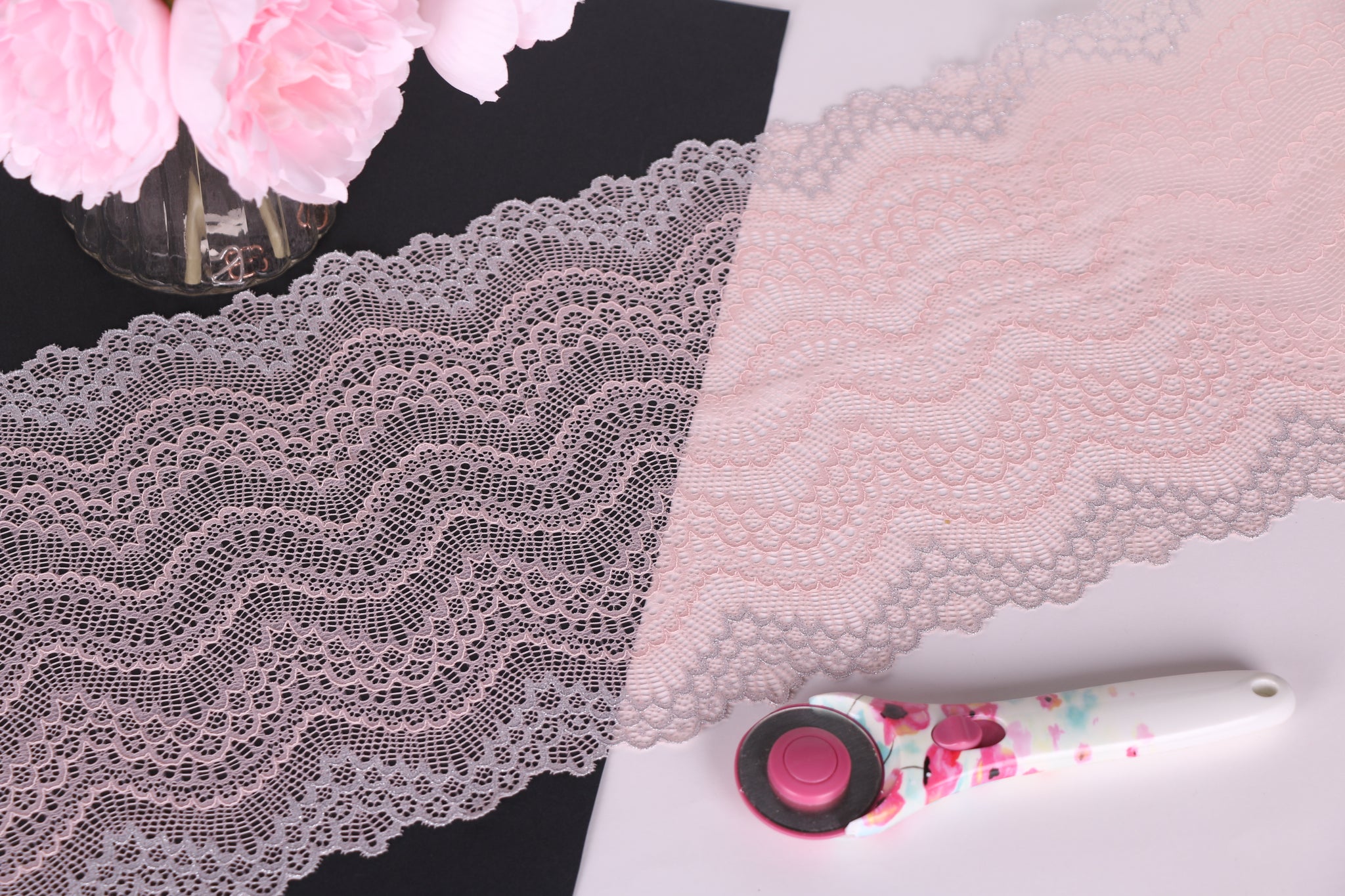 encaje rosa empolvado y gris plateado con ondas para coser lencería, sujetadores, braguitas