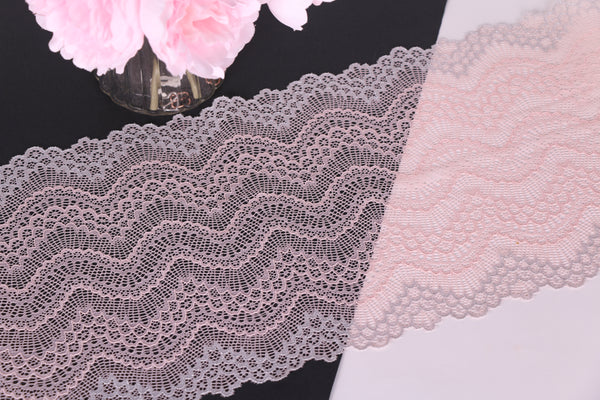 powder pink and silver grey wavy stretch lace for lingerie making, bra making, panties sewing