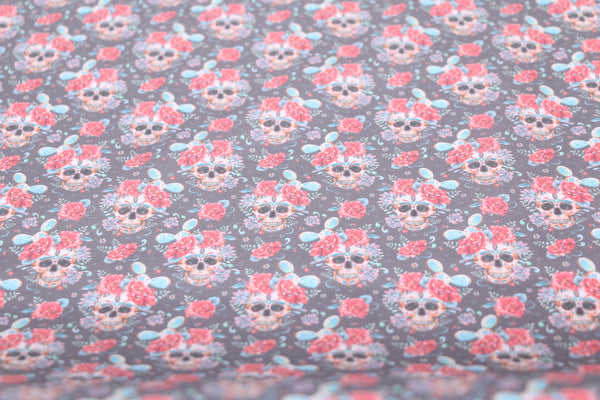 Sugar skulls cotton fabric with cactus and red roses. Rock & Roll Fabric