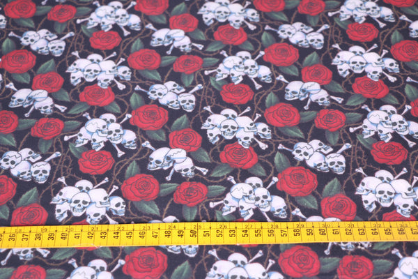 skulls and roses cotton fabric. rock and roll fabric