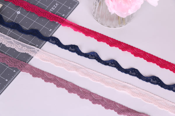 stretch lace trim in fucsia, navy, powder pink and mauve. lingerie sewing
