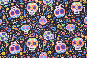 Tela de algodón calaveras mariachis, día de los muertos, tela mexicana.