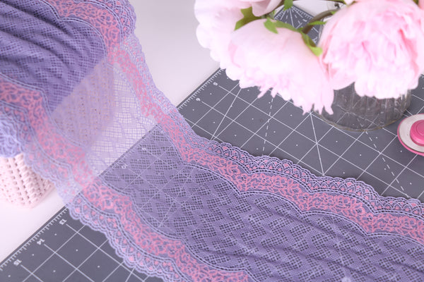 Pale lilac and pink stretch galloon lace for lingerie and bra making