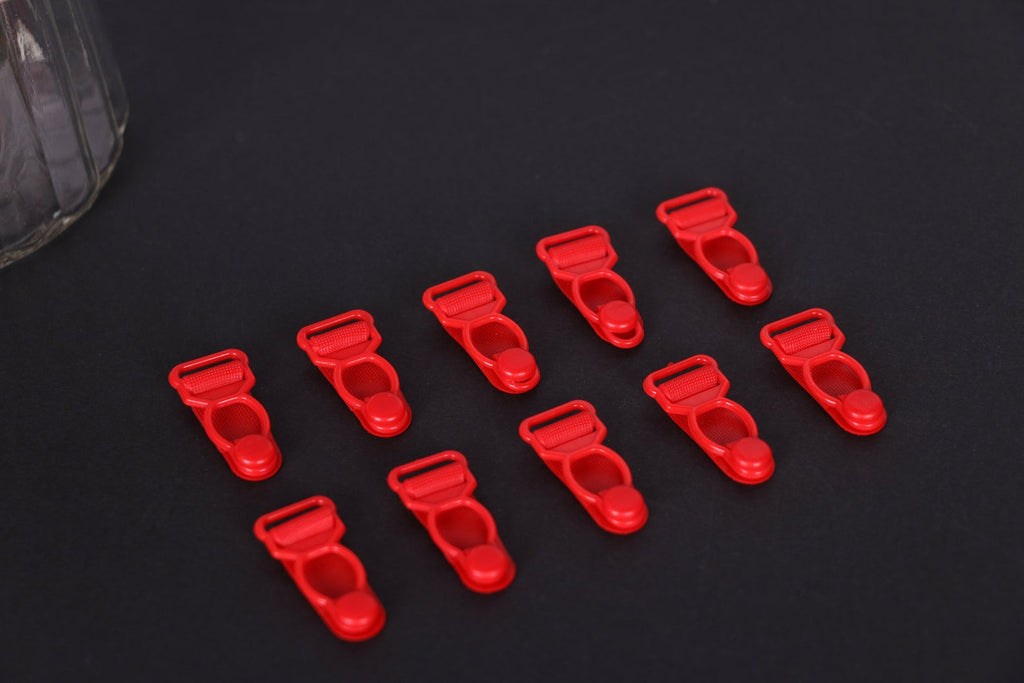 Red Suspender Clips 12 mm (1/2"). Garter clips. Bra Making Supplies. Costura Secret Shop Red Suspender Clips 12 mm (1/2"). Garter clips. Bra Making Supplies. Costura Secret Shop